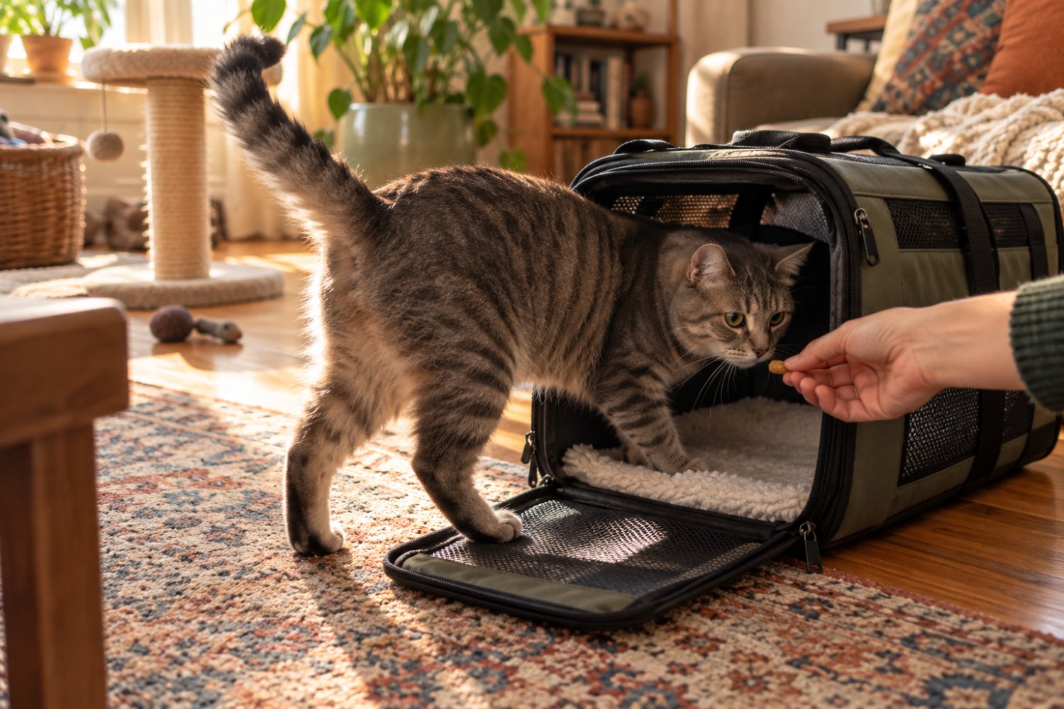 A tabby cat stepping into an open carrier
