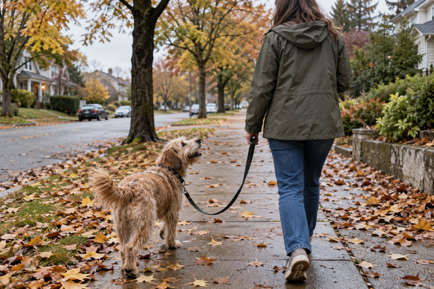 A dog walking beside its owner on a loose leash