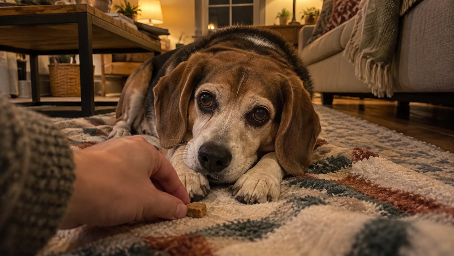 A beagle lying on a blanket as its owner places a treat between its paws