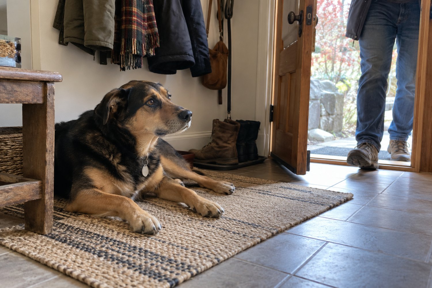 A dog lying calmly on a mat by the front door