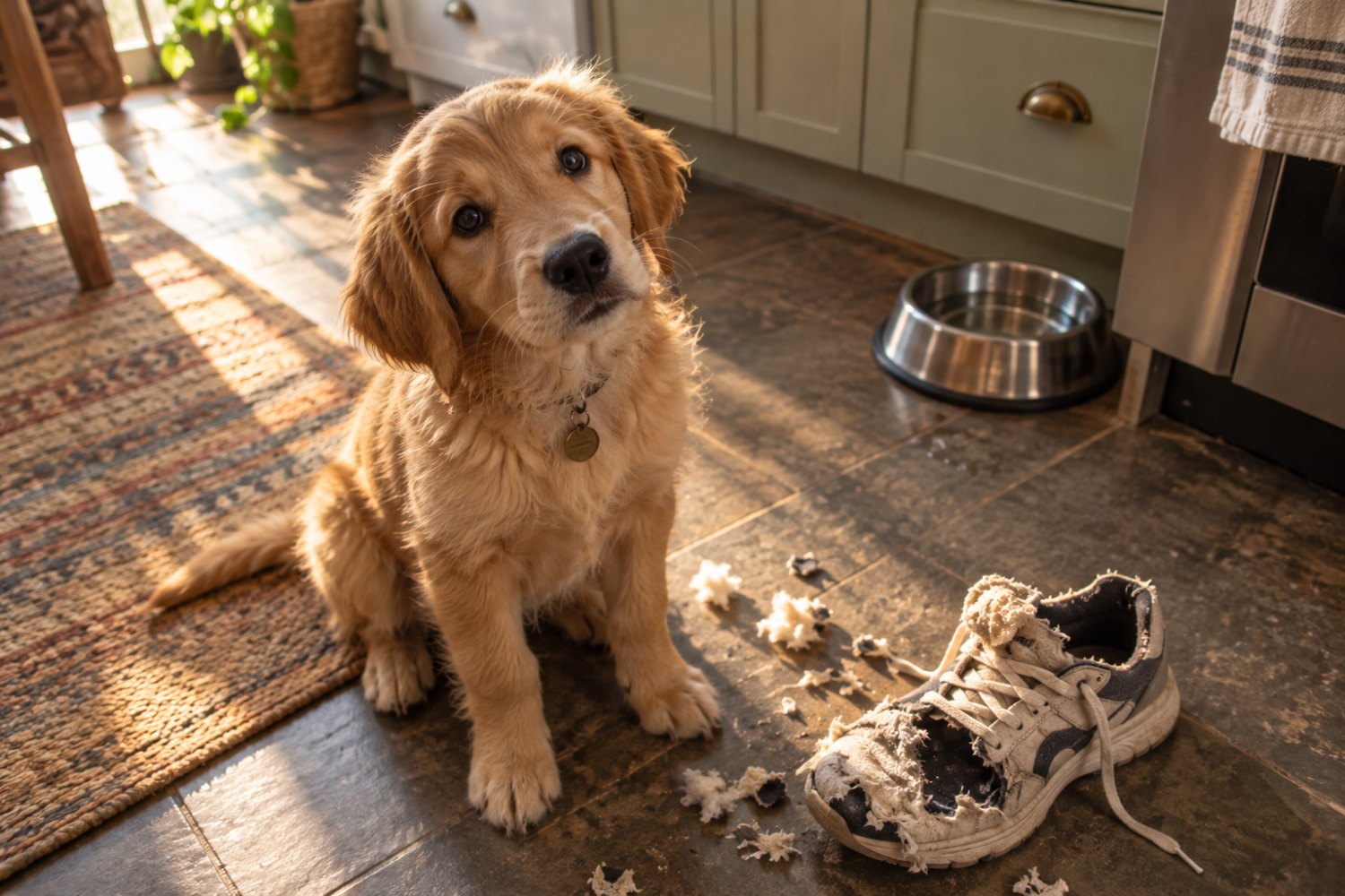 A puppy on a kitchen floor beside a chewed shoe
